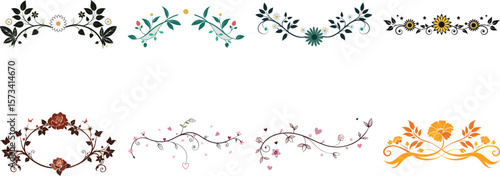 Collection of Floral Dividers and Borders with Flowers Leaves and Hearts on white background