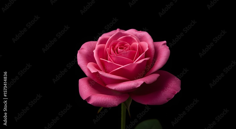 Close-up of a vibrant pink rose bloom isolated on a stark black background showcasing delicate petals and a single stem Close-up of a vibrant pink rose bloom isolated on a stark black background showcasing delicate petals and a single stem