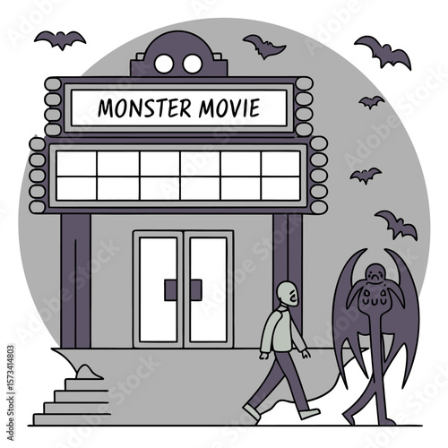 A stylized illustration depicts a movie theater marquee displaying the words monster movie with a group of flying bats overhead and a person walking alongside a creature with large wings