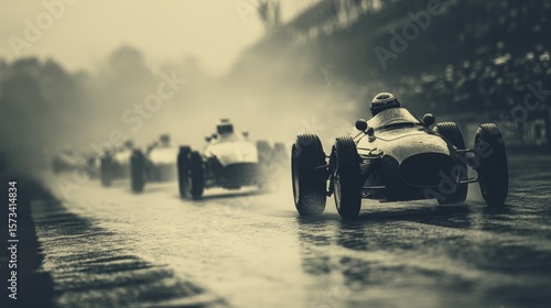 Classic race cars speed along a rain-soaked track du a vintage competition, their drivers focused on victory as spectators watch in the distance in monochrome.
