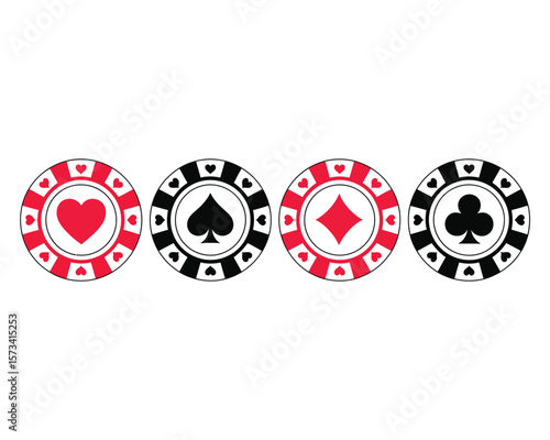 Poker casino chips illustration, colorful vector set with heart spade diamond and club symbols for gambling card games casino table and entertainment themes.