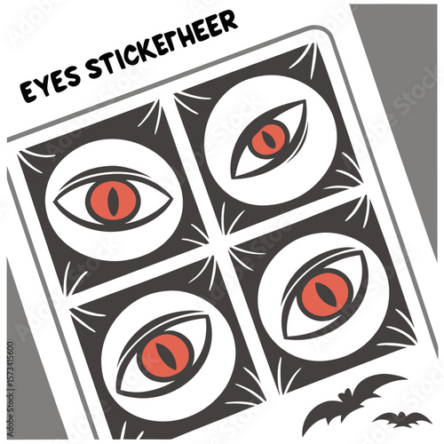 Four stylized red eyed monster eyes on a white background with a dark border and small bat silhouettes on the bottom right corner of the image