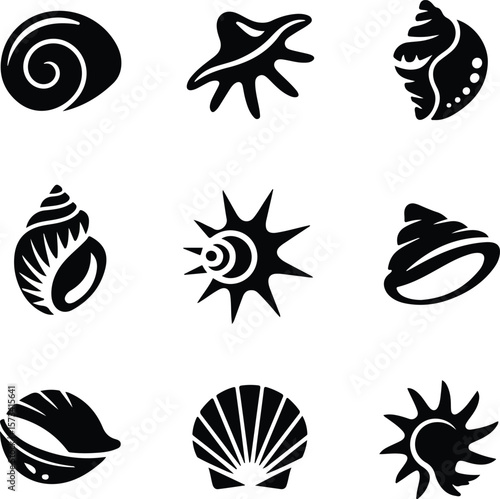 Collection of nine black seashell and starfish icons