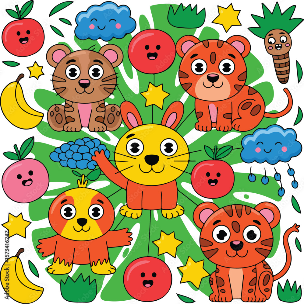 Cute cartoon animals and fruit with jungle leaves tiger Cute cartoon animals and fruit with jungle leaves tiger