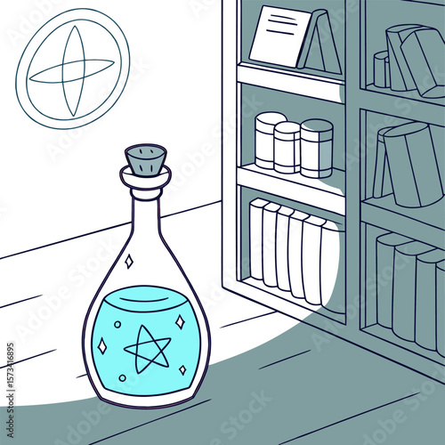 A whimsical illustration of a glowing blue potion bottle with a star inside sits on a wooden surface next to a bookshelf filled with books and jars