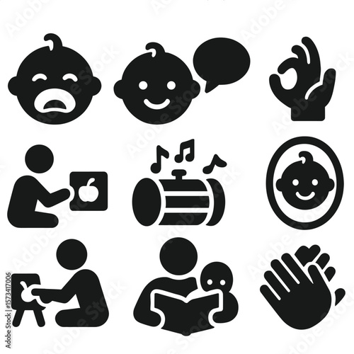Baby Communication Icons. Solid style icons of baby communication: crying baby face, baby smile icon, baby talk bubble, sign
