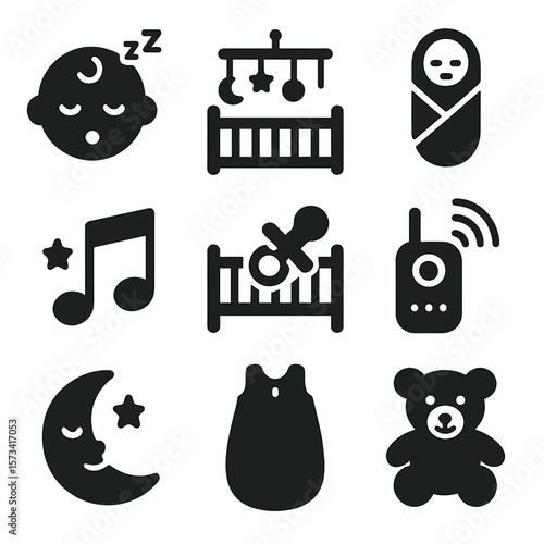 Baby Sleep Essentials. Solid vector icons of baby sleep and rest: sleeping baby face, crib with mobile, swaddle wrap icon, lullaby