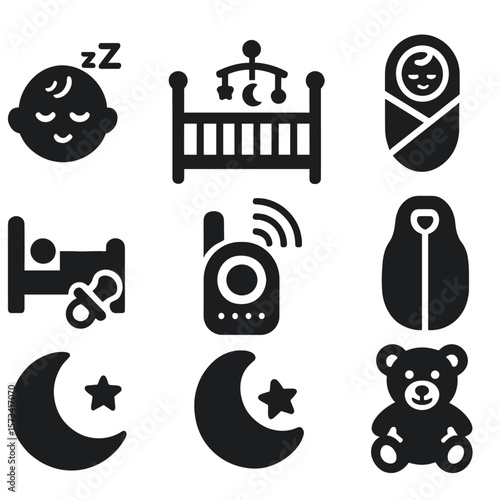 Baby Sleep Essentials. Solid vector icons of baby sleep and rest: sleeping baby face, crib with mobile, swaddle wrap icon, lullaby