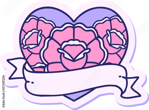 sticker of tattoo in traditional style of a heart and banner with flowers in bright neon color