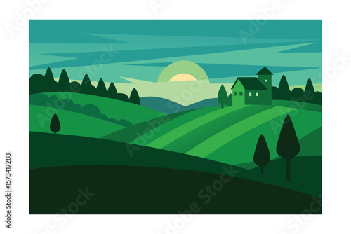Green Fields And A Village Silhouette Under Summer Glow