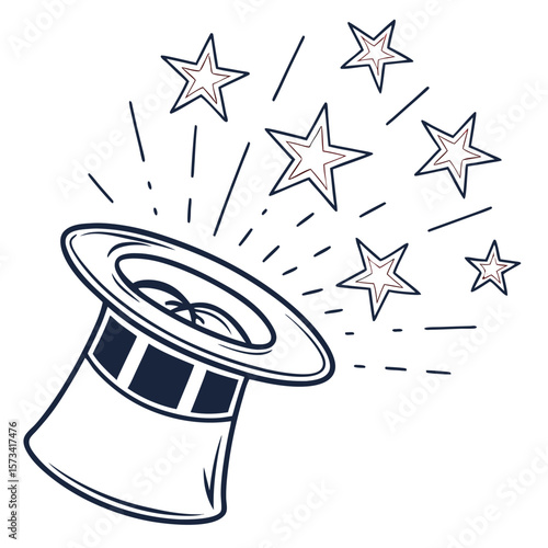 A stylized illustration of a magician s top hat with stars bursting out symbolizing magic and wonder presented on a clean white background