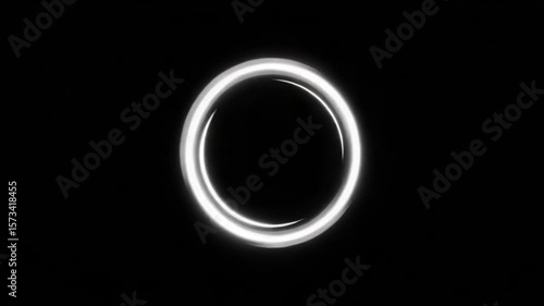 A luminous white ring shines against a stark black backdrop Energy swirls creating a captivating abstract design Circular and ethereal it glows brightly