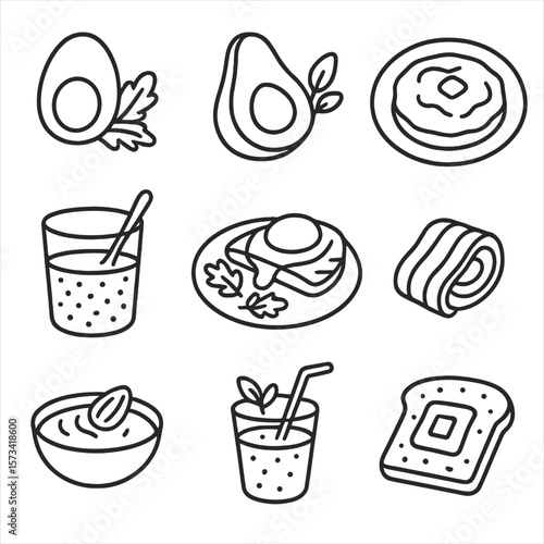 Low-Carb Breakfast Icons. Outline style icons of Low-Carb Breakfast: boiled egg with greens, avocado bowl, keto pancake, chia