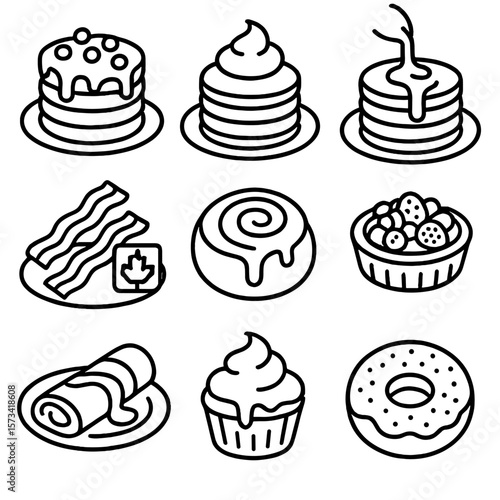 Indulgent Brunch Icons. Outline style icons of Indulgent Brunch Treats: chocolate pancakes, whipped cream stack, butter syrup