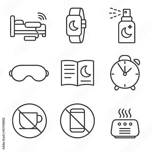 Sleepwalking Prevention Icons. Outline style icons of Sleepwalking Prevention Tools: bed alarm sensor, wearable sleep tracker,