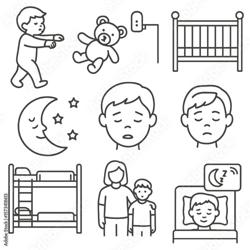 Child Sleepwalking Icons. Outline style icons of Sleepwalking in Children: child in onesie walking, teddy bear on floor,