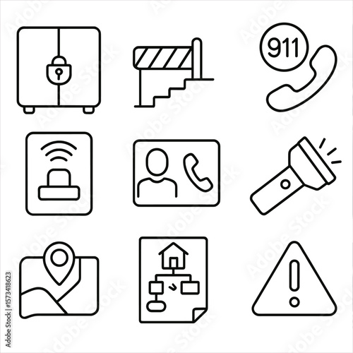 Sleepwalking Safety Icons. Outline style icons of Emergency Measures During Sleepwalking: locked cabinet symbol, barrier near