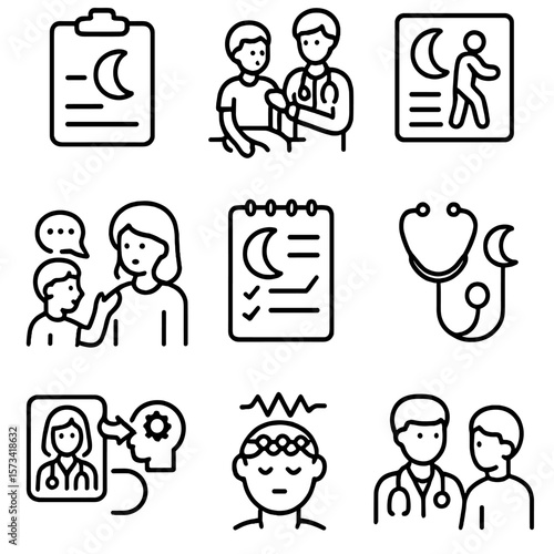 Doctor Visit Icons. Outline style icons of Doctor Visit for Sleepwalking: clipboard and moon, pediatrician checkup, sleep symptom