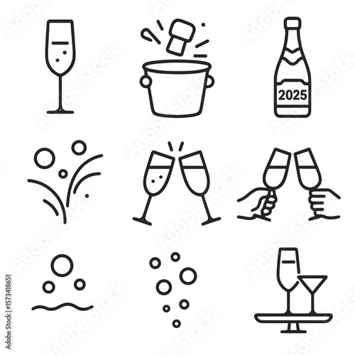 Champagne Celebration Icons. Outline style icons of Champagne and Toasting: champagne flute, popping cork, sparkling wine bucket,