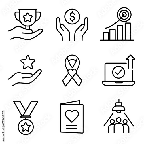 Volunteer Impact Icons. Outline style icons of Volunteer and Social Impact: hands giving award, donation success, impact goal