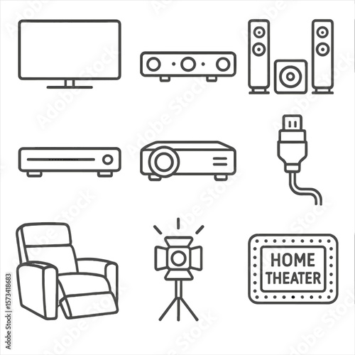 Home Theater Icons. Outline style icons of Home Theater Setup: smart TV screen, soundbar icon, surround speaker set, Blu-ray