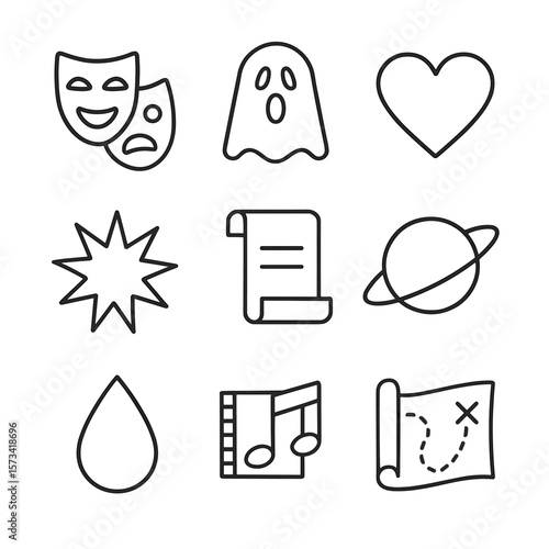 Movie Genre Icons. Outline style icons of Movie Genres: comedy mask, horror ghost, romance heart, action explosion, documentary