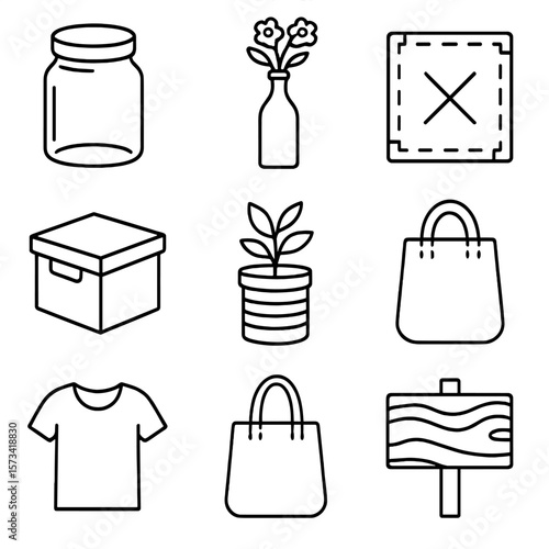 Upcycling Icons. Outline style icons of Upcycling Crafts: jar repurpose, bottle turned vase, denim patch, cardboard storage box,