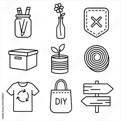 Upcycling Icons. Outline style icons of Upcycling Crafts: jar repurpose, bottle turned vase, denim patch, cardboard storage box,