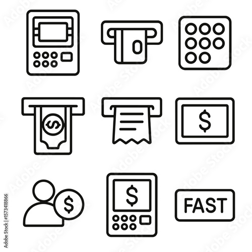 ATM Icons Set. Outline style icons of ATM Payment: ATM machine, card insert slot, PIN entry pad, cash withdrawal icon, transaction