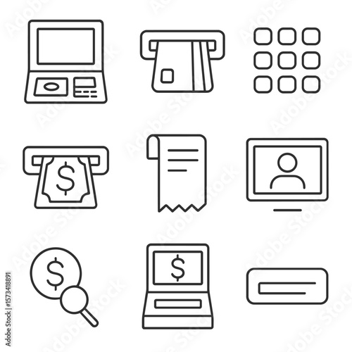 ATM Icons Set. Outline style icons of ATM Payment: ATM machine, card insert slot, PIN entry pad, cash withdrawal icon, transaction