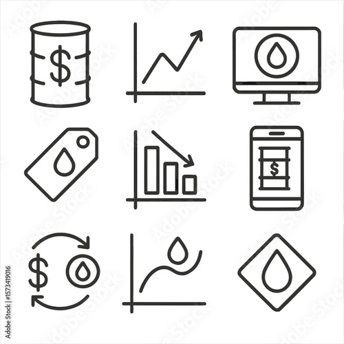 Oil Economy Icons. Outline style icons of Oil Prices and Market: oil barrel with dollar sign, price graph, crude index icon, fuel