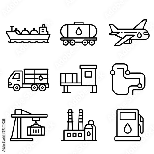 Oil Transport Icons. Outline style icons of Oil Transport: crude oil tanker ship, rail car with oil, tanker plane icon, truck with