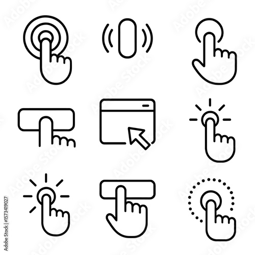 Touch Feedback Icons. Outline style icons of Touch Feedback: ripple effect on touch, vibration pulse icon, tap feedback circle,