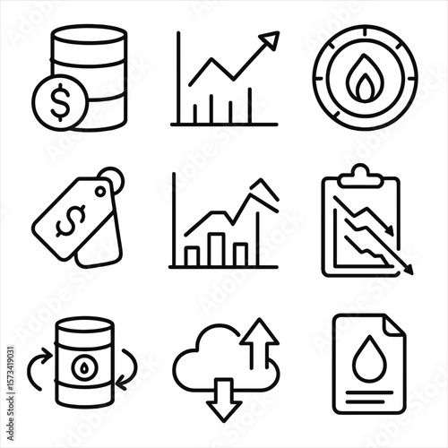 Oil Economy Icons. Outline style icons of Oil Prices and Market: oil barrel with dollar sign, price graph, crude index icon, fuel
