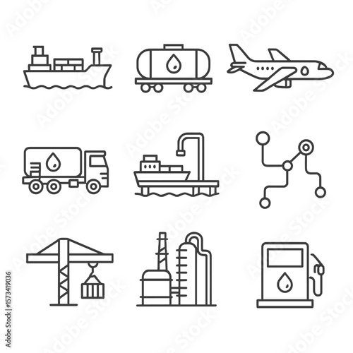 Oil Transport Icons. Outline style icons of Oil Transport: crude oil tanker ship, rail car with oil, tanker plane icon, truck with
