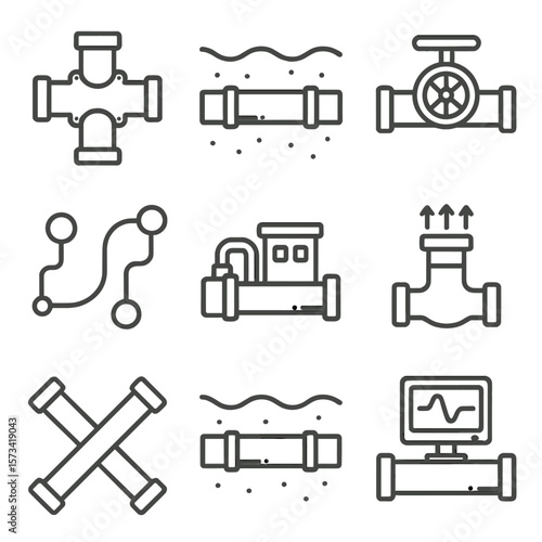 Pipeline Network Icons. Outline style icons of Pipeline Network: pipe connector, underground section, valve system, route map,