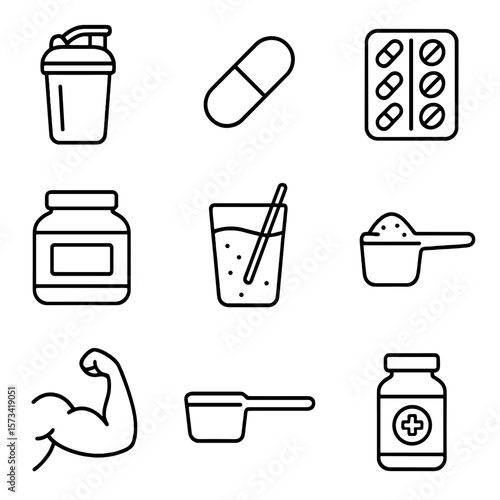 Supplement Icons Collection. Outline style icons of Supplements and Protein: protein shaker bottle, supplement capsule, vitamin