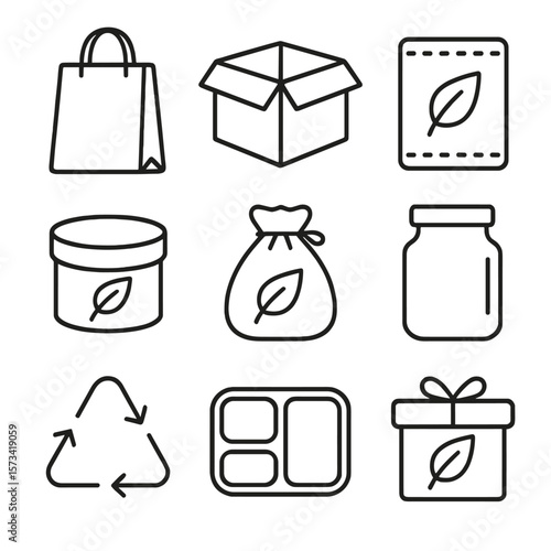 Eco-Friendly Packaging Icons. Outline style icons of Eco-Friendly Packaging: paper bag, cardboard box, compostable wrap, bamboo