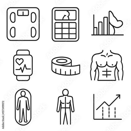 Body Composition Icons. Outline style icons of Body Composition Tracking: smart scale icon, BMI calculator, muscle-to-fat chart,