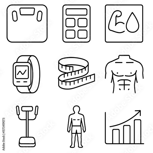 Body Composition Icons. Outline style icons of Body Composition Tracking: smart scale icon, BMI calculator, muscle-to-fat chart,