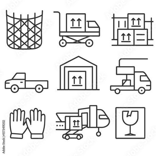 Air Cargo Icons. Outline style icons of Air Cargo Handling: cargo net, air freight trolley, container loader, air cargo zone,