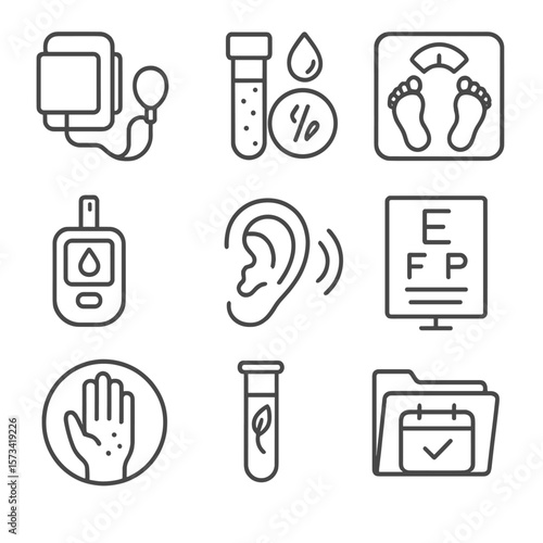 Health Screening Icons. Outline style icons of Health Screening Tests: blood pressure cuff, cholesterol test icon, BMI scale,