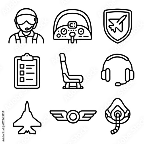 Military Pilot Icons. Outline style icons of Military Pilots: pilot with helmet, cockpit view, flight patch badge, flight