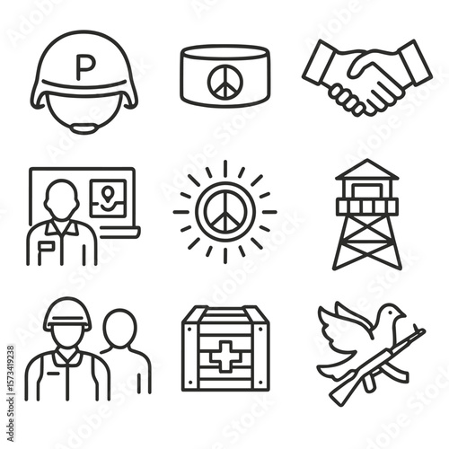 Peacekeeping Force Icons. Outline style icons of Military Peacekeeping Forces: peacekeeper helmet, white armband, handshake in