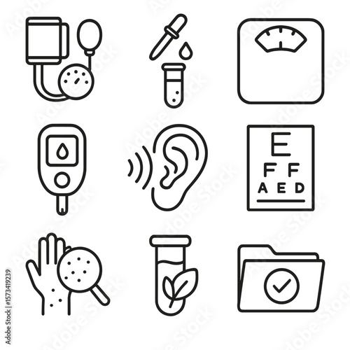Health Screening Icons. Outline style icons of Health Screening Tests: blood pressure cuff, cholesterol test icon, BMI scale,