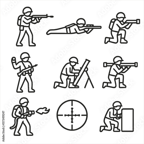 Combat Role Icons. Outline style icons of Combat Roles: rifleman stance, sniper prone, machine gunner post, grenadier icon, mortar