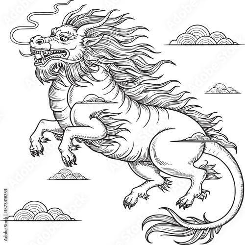 Illustration of a mythical kirin creature prancing amidst stylized clouds in black and white line art on transparent background