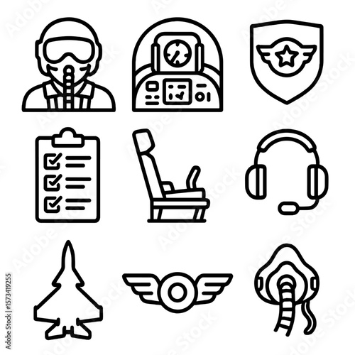Military Pilot Icons. Outline style icons of Military Pilots: pilot with helmet, cockpit view, flight patch badge, flight