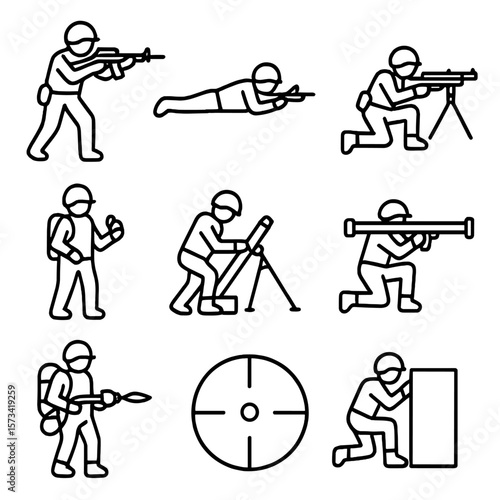 Combat Role Icons. Outline style icons of Combat Roles: rifleman stance, sniper prone, machine gunner post, grenadier icon, mortar