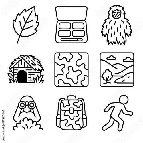 Camo Icons Collection. Outline style icons of Camouflage and Concealment: leaf camo icon, face paint kit, ghillie suit icon,